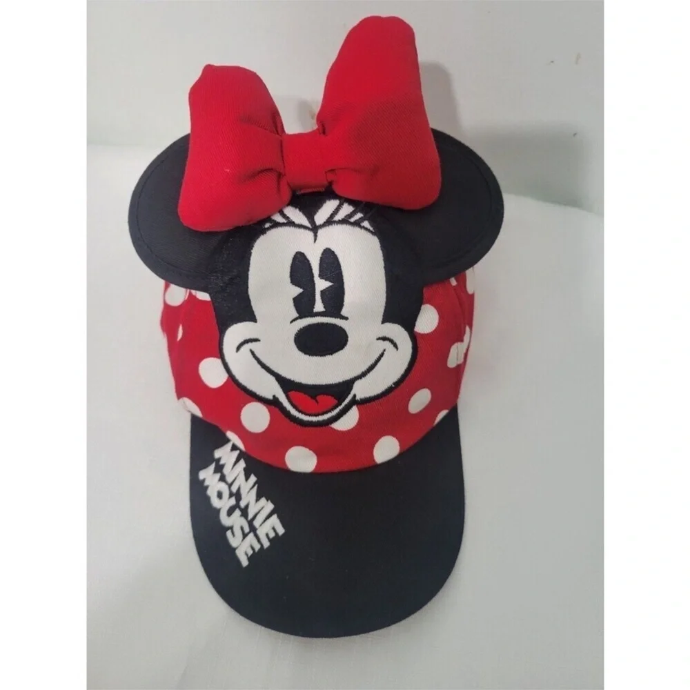Disney Minnie Mouse Classic Hat Red Bow and embroidered Logo Black & Polka Dots